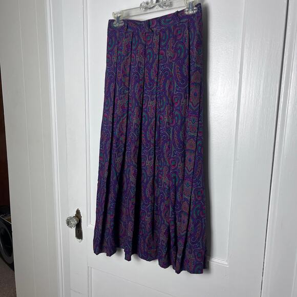 Vintage 90s Liz Claiborne Purple Paisley Floral Pleated Swing Midi Skirt Size 8 - Picture 4 of 6